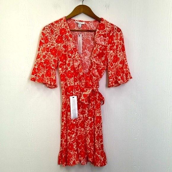 TopShop - NWT Floral Red And Orange Wrap Mini Ruffle Short Sleeve Dress Size 4 - Picture 8 of 12